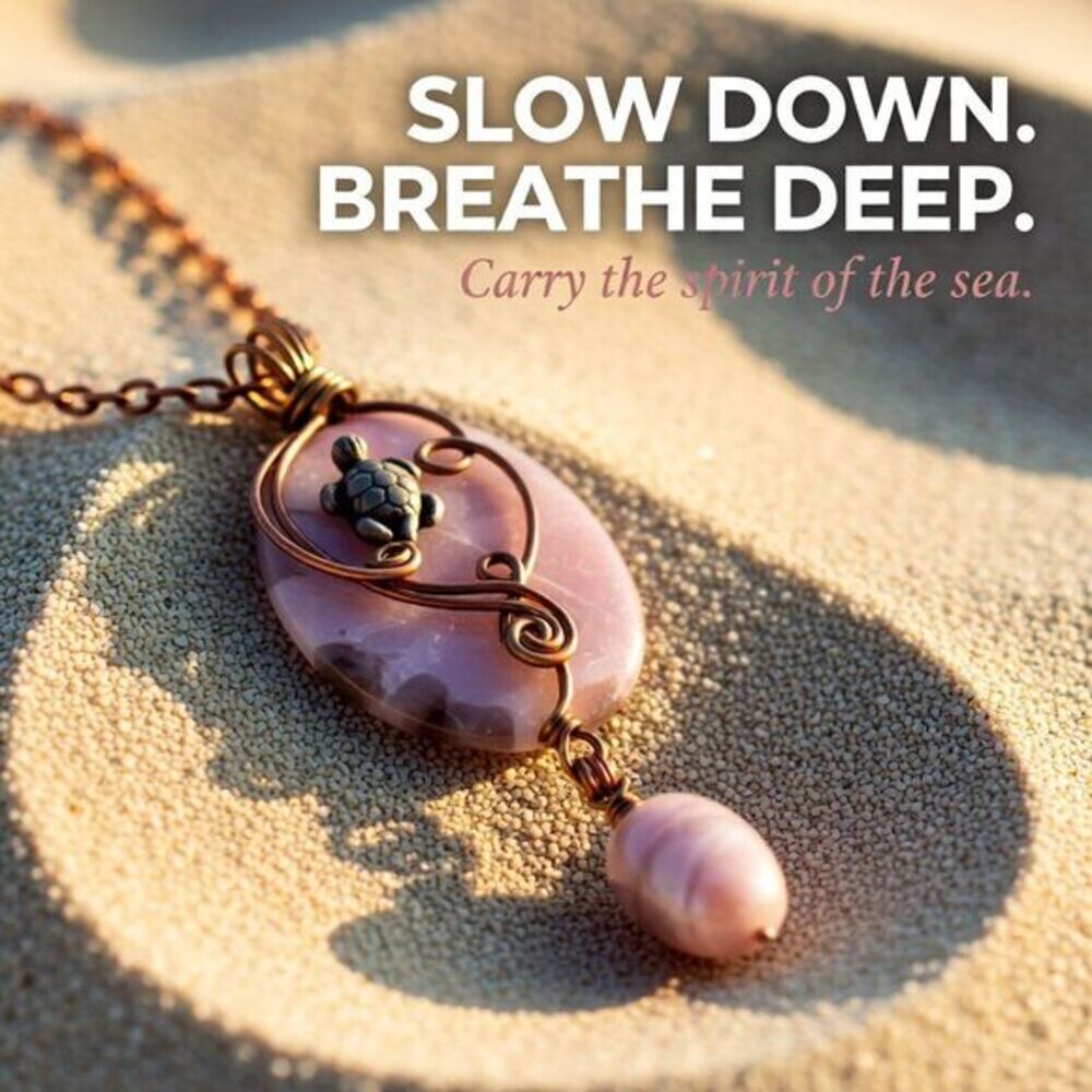 Uniquely Wire Wrapped Turtle + Rhodonite Stone Pendant for Ocean & Beach Lovers